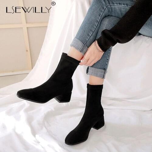 Lsewilly New Stretch socks boots Women Shoes Slip ankle boots spring winter elegant Square high heels shoes female Plus size