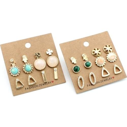 Womens fashion Personality Stone Alloy Geometric Multicolor Ear Studs Earrings Set