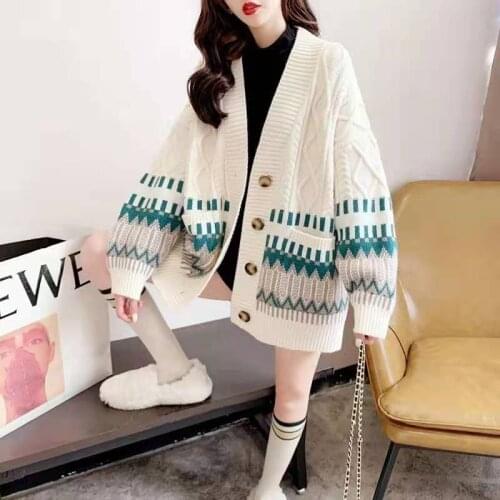 2021 Autumn Winter Knitted Sweaters Women Korean V-neck Single Breasted Cardigan Coat Casual Loose Printed Outwear Tops Z855