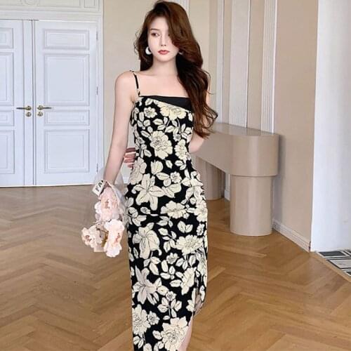 Summer Korean Vintage Sexy Strap Slash Neck Split Midi Party Dress Ladies Elegant Streetwear Casual Floral Shirring Beach Dress