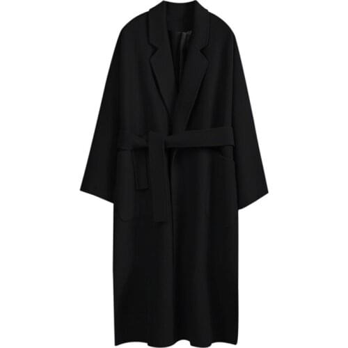 Winter Elegant Wool Blend Women Korean Style Fashion Black Long Coats Vintage Woolen Overcoat Casual Cashmere Outwear
