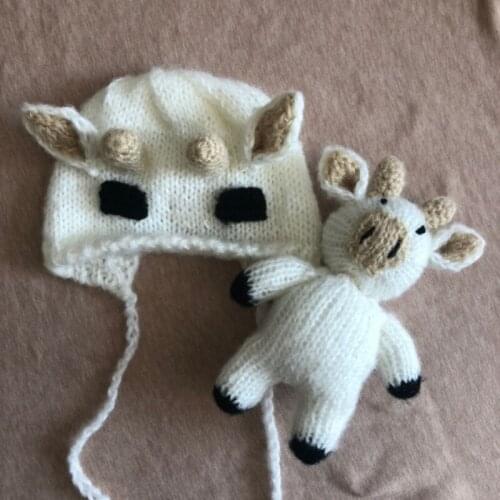 2Pcs/Set Newborn Baby Photography Props Crochet Knit Cute Cow Beanie Hat Doll
