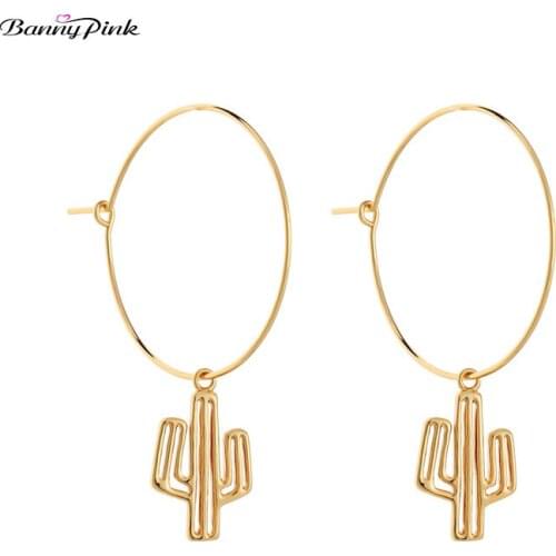 Banny Pink Gold Color Brass Cactus Pendant Dangle Earrings For Women Chunky Hollow Round Circe Drop Earrings Pendientes Femme