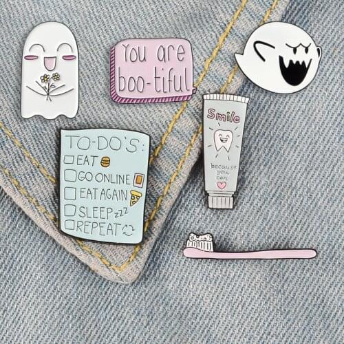 Cartoon Daily Supplies Pin Cute Ghost Toothpaste Enamel Pins Brooches Women Daily Plan Lapel Pin Badge Jewelry Gift Wholesale