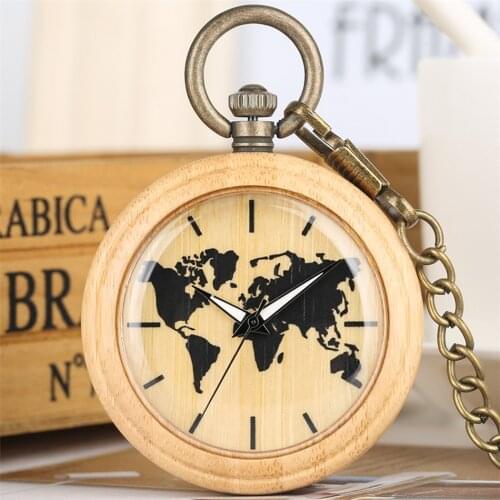 Black World Map Display Quartz Bamboo Wood Pocket Watch Open Face Retro Pendant Clock Vintage New Wooden Pocket Timepiece Gifts