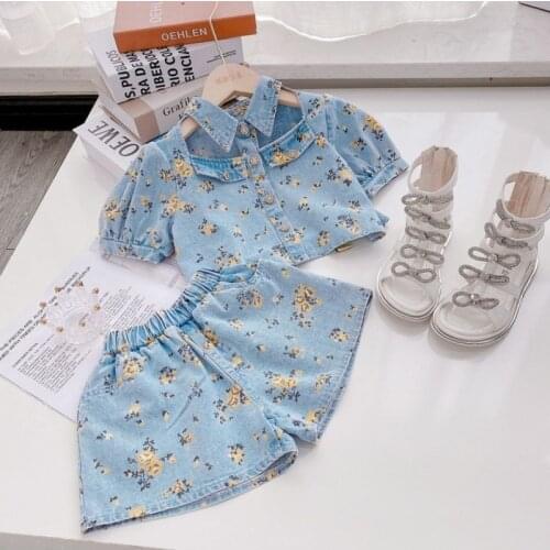 2021 Summer Girls Fashion 2pcs Jeans Suit Baby Kids Children Flower Denim Clothing Set Including Shirt+ Shorts