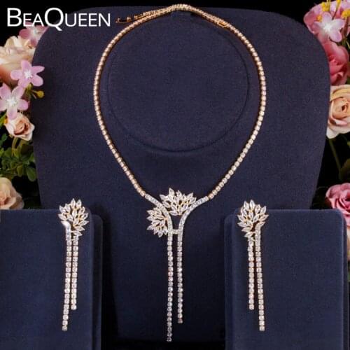 BeaQueen Elegant Dubai Gold Color Clear White Cubic Zirconia Long Drop Earrings Pendant Necklace CZ Wedding Jewelry Sets JS276
