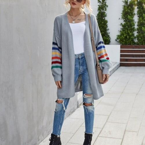 Womens Casual Long-sleeved Cardigan Fashion Rainbow Stripes Boat Neck Mid-length Coat