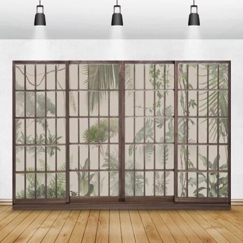 Laeacco Tropical Jungle Party Backgrounds Photography Window Palms Tree Leaves Grass Baby Portrait Photo Backdrops Photo Studio