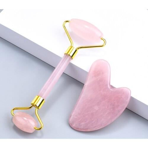 Natural Rose Quartz Double-Headed Roller Guasha Facial Massage Body Portable Beauty Health Care Tool Anti Aging Lifting Skin Spa