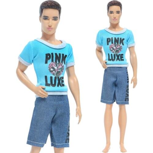 Fashion 1 Set Casual Wear Men Outfits Pattern Blue T-shirt Denim Shorts Pants Accessories Clothes for Barbie Doll Ken Toy