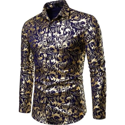 Men Autumn Slim Hipster Luxury Black Gold Bronzing Printed Long Sleeve Shirt Wedding Party Male Dress Shirts Camisa Masculina