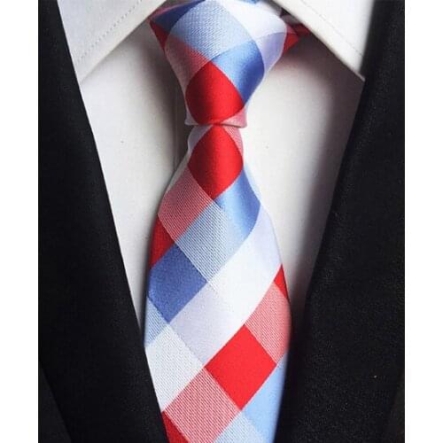 8cm Men Formal Necktie Wedding Party Woven Ties Red with Blue White Diamond Plaids Pattern