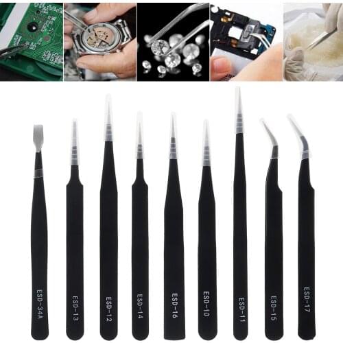 9pcs ESD Stainless Steel Tweezers Set Anti Static Stainless Steel Tweezers for Craft Jewelry Electronics Laboratory Phone Repair
