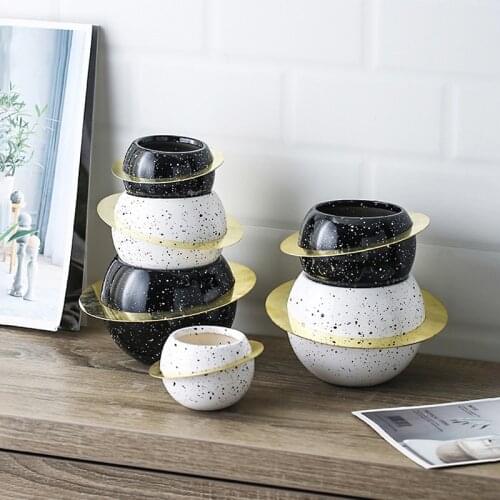 Set of 3 Black and White Planet Ceramic Flower Pots with Metal Ring Creative Planters Containers Home Desktop Decoration