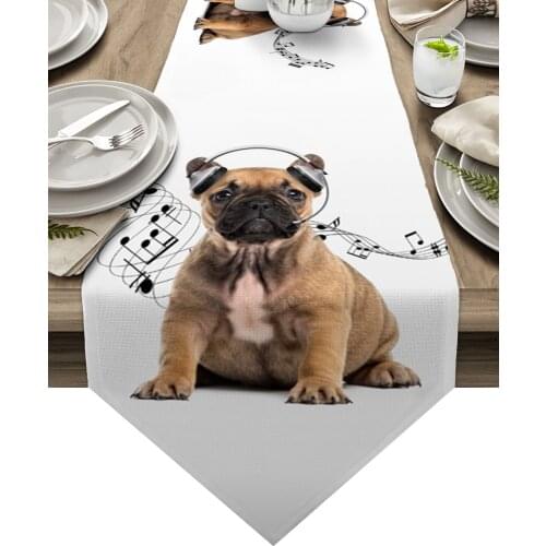Bulldog Headphones Music Funny Table Runner Luxury Dining Table Decor Tablecloth Table Runner for Wedding Party