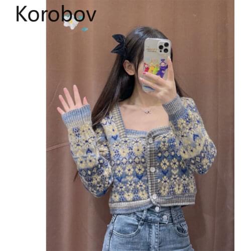 Korobov Autumn Winter New Sweet Sweaters Korean Flower Knit Square Collar Long Sleeve Cardigans Vintage Elegant Crop Cardigan