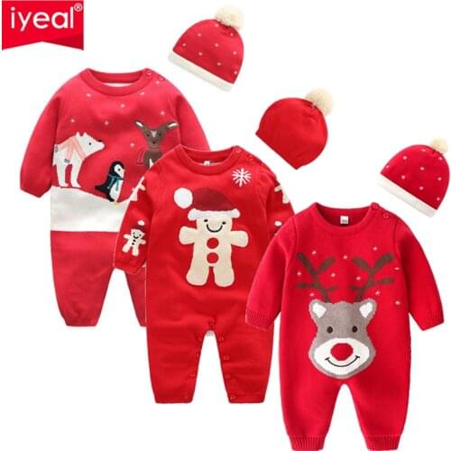 IYEAL New Year Christmas Baby Clothes Newborn Boy Jumpsuits Newborn Winter Knitted Long Sleeve Toddler Sweater Children Overalls