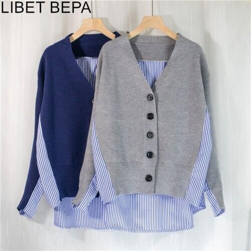 New 2021 Autumn Womens Sweaters Patchwork Srtiped Knitting V-Neck Stylish Knitted Buttons Cardigans Oversize Wild Tops SW8161