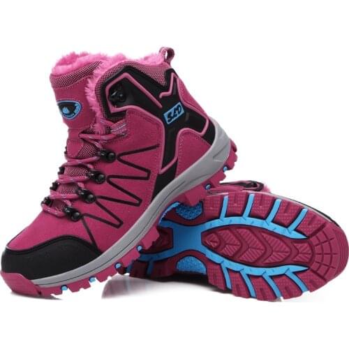 Plush Womens Winter Boots for Hiking Trekking Antislip Waterproof Leather Hunting Boots Men Outdoor High Walking Shoes Couples