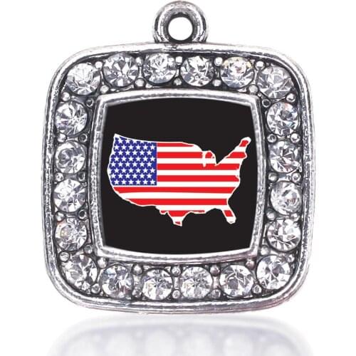 Show support for your favorite country USA SQUARE CHARM ANTIQUE SILVER PLATED CRYSTAL JEWELRY