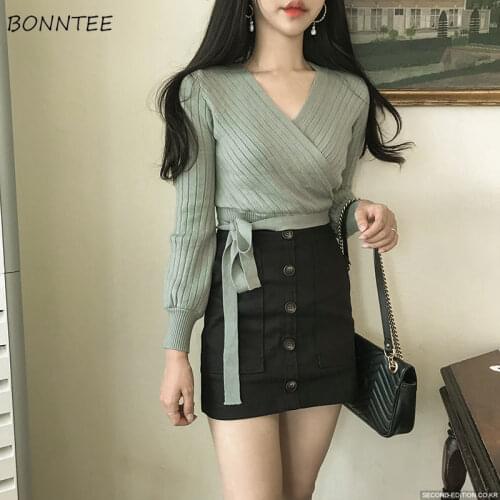 Pullovers Women V-neck Lace Up Solid Korean Preppy Style Elegant Chic Trendy Casual Loose Slim Autumn Tops Vintage Ladies Design