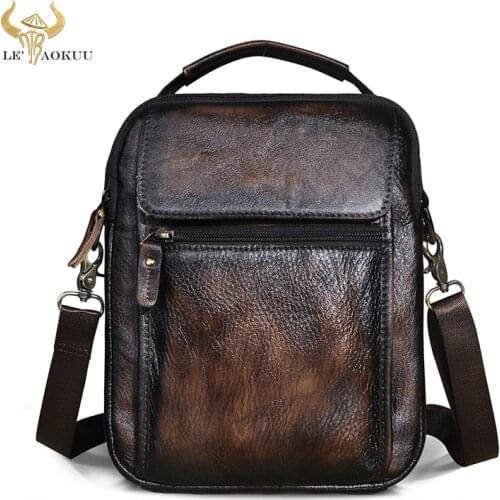 Luxury Natural Leather Male Vintage Travel Shoulder Messenger bag Fashion Cross-body Bag 8" Pad Tote Mochila Satchel bag 9807
