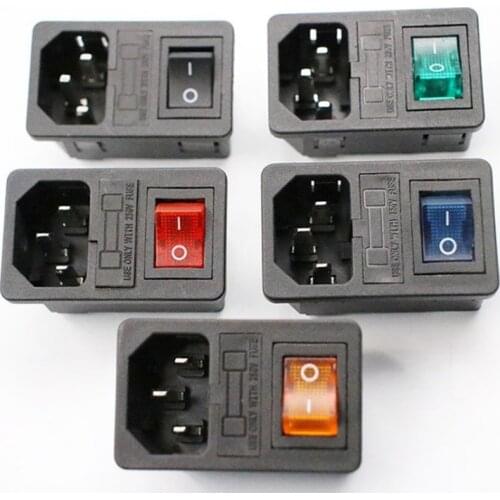 With 10A fuse! Switch connector plug connector red green blue black red rocker switch fuse IEC320 C14 inlet power socket fuse