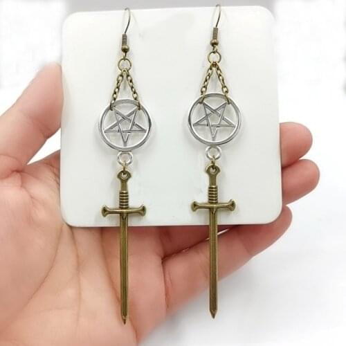 Witchs Rites Earrings pentagram pendant darkly The sacred Bronze sword Gothic jewelry Fashion-forward Bronze chain Girl gift