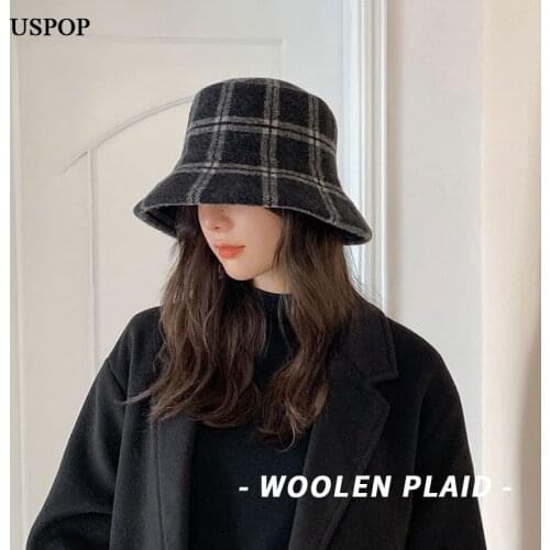 USPOP New Winter Hats for Women Thick Big Plaid Bucket Hats 100% Wool Hats