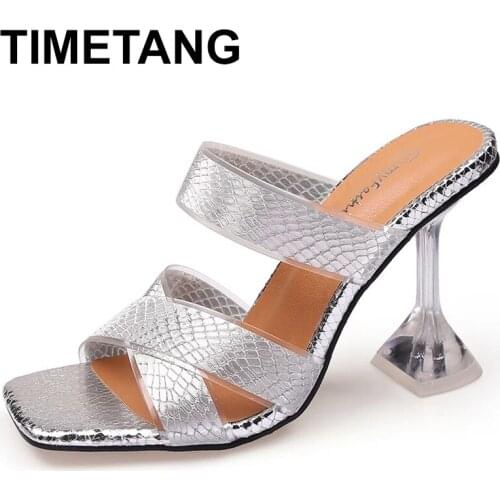 TIMETANGNewly Arrived Summer Sexy Snake Print Clear PVC Transparent Pumps Women Shoes Peep Toe Sandals High Heels Slippers Size