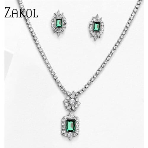 ZAKOL Newest Luxury Sparking Cubic Zircon Earrings Necklace Heavy Dinner Jewelry Set Wedding Bridal Dress Accessories FSSP462