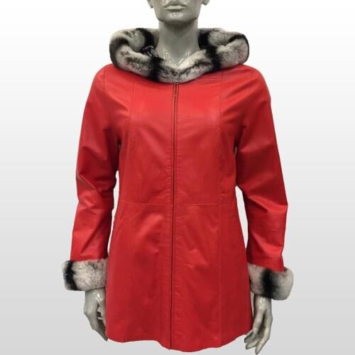 Womens Genuine Leather Red Jacket Real Sheepskin Rex Fur Hooded And Cuff Casual Double Sided Coat New Fashion Elegant Outerwear