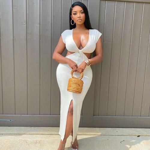 Womens Summer Sexy Hollow Out White V Neck Long Dress Party Club Holiday Vacation Home Wear D155347K