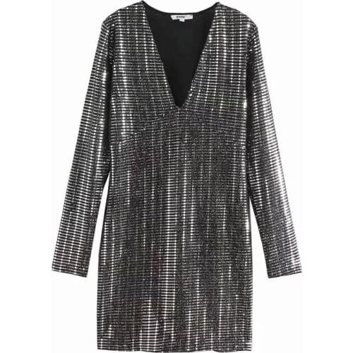 Spring Autumn Womens Deep V-neck Slim Long Sleeve Shiny Mini Dress Sexy Dress dress