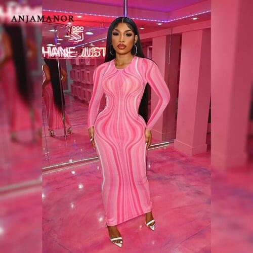 ANJAMANOR Fashion Geometric Printed Mesh Long Sleeve Winter Dress Sexy Club Outfits for Women See Through Bodycon Dress D26-CD22