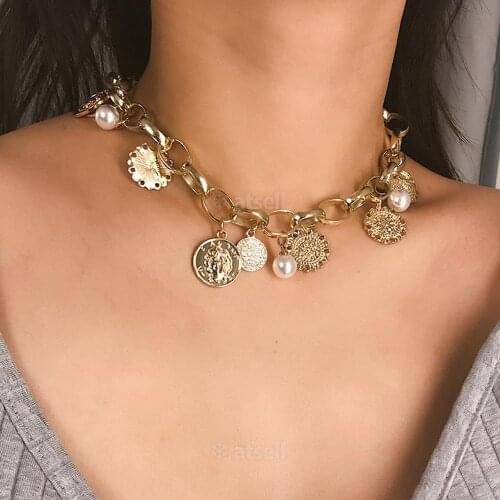 Retro Portrait Carved Coin Choker Necklace For Women Vintage Sun Flower Imitation Pearls Pendant Punk Chain Necklace Jewelry