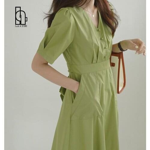 Elegant Midi Party Dress Women 2021 Summer V-neck A-line Vintage Light Dresses Green Short Sleeve Fashion Casual Korean Clothing
