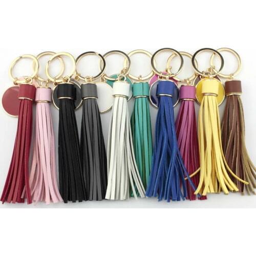ZWPON Leather Long Tassel Dangle Drop Keychains For Women Creatively Monogram Enamel Disc Blank Keychains