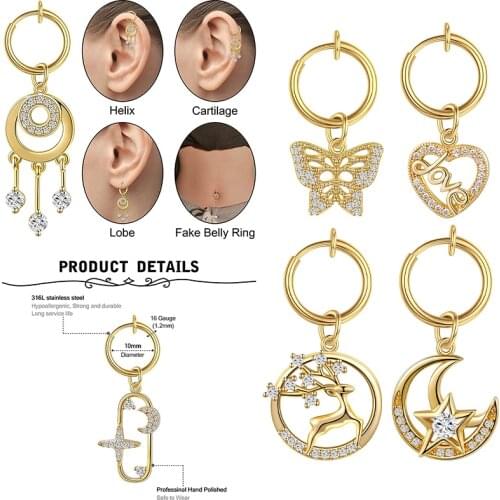 1 Set Clip On Belly Piercing Fake Navel Piercing Fake Clip on Earrings Ombligo Non Piercing Navel Ring Pendant Body Jewerlry