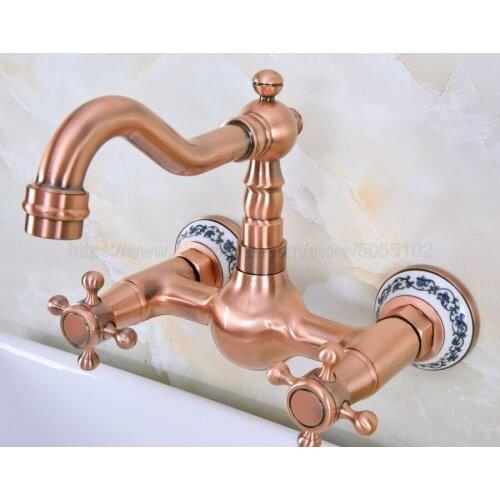Antique Red Copper Bathroom Sink Faucet Kitchen Faucet Wall Mounted Swivel Spout Vessel Sink Faucet znf941