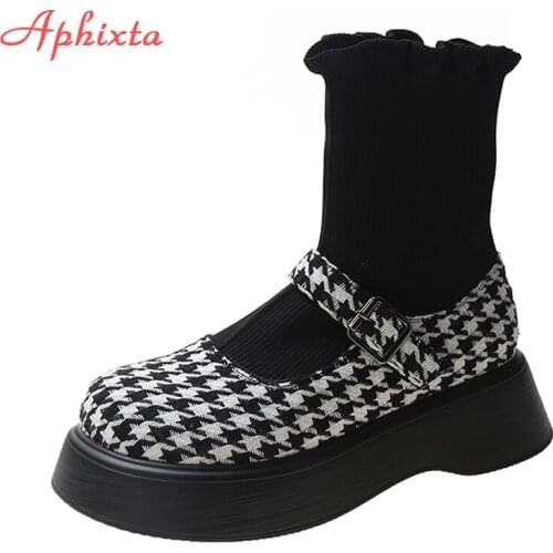 Aphixta 2021 Platform Gingham Women Boots Buckle Pleated Stretch Fabric Round Toe Lattice Knitted Short Sock Boots Footwears