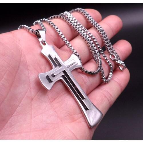 2.4mm 24'' Box Chain Stainless steel Huge Cross Necklace Religious crucifix pendant for Men