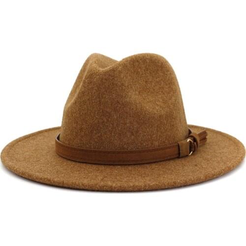 2021 High Quality Fashion Woolen women Felt Jazz Fedora Hats Belt Buckle Decor Unisex Wide Brim Panama men hot Party wedding Cap