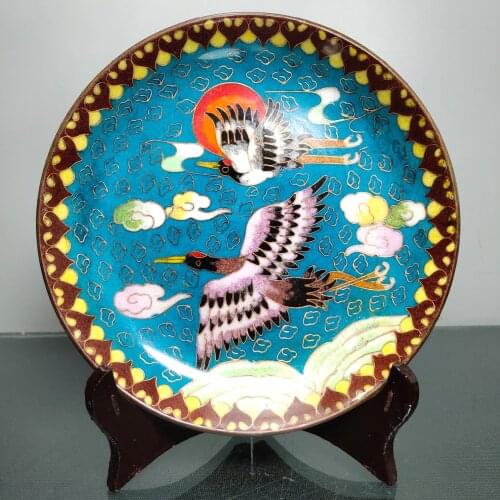 7"Chinese temple collection Old Bronze Cloisonne Enamel screen Ornamental plate Red-crowned crane plate Ornaments Town House