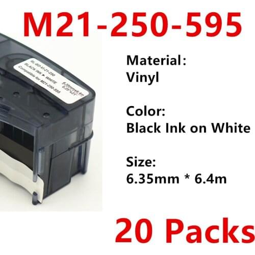 20 Pack M21 250 595 Vinyl Label Ribbon Black On White For BMP21 PLUS BMP21 LAB Printer Label Maker Tape 6.35mm * 6.4m