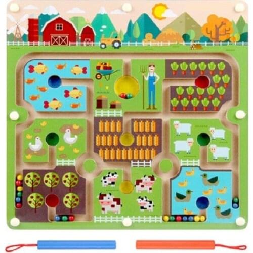 Magnetic Bead Pen Maze Farm Theme Parent-Child Games Puzzles Montessori Wooden Early Education Toys For Preschool Kids