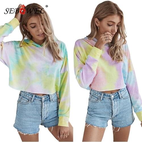 SEBOWEL Fashion Womens Tie-Dye Print Short Hoodie Lady Long Sleeve Loose Style Gradient Sweatshirt Autumn Spring Clothing S-XL