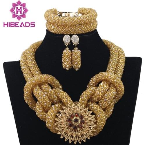 Fashion Champagne Gold African Costume Jewelry Set Nigerian Wedding African Beads Jewelry Set Chunky Free Shipping WA076