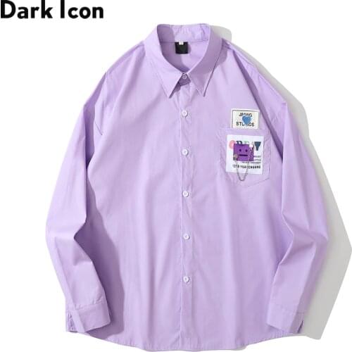 Dark Icon Embroideried Pockets Cotton Shirts Men Long Sleeve Turn-down Collar Mens Shirt 3 Colors